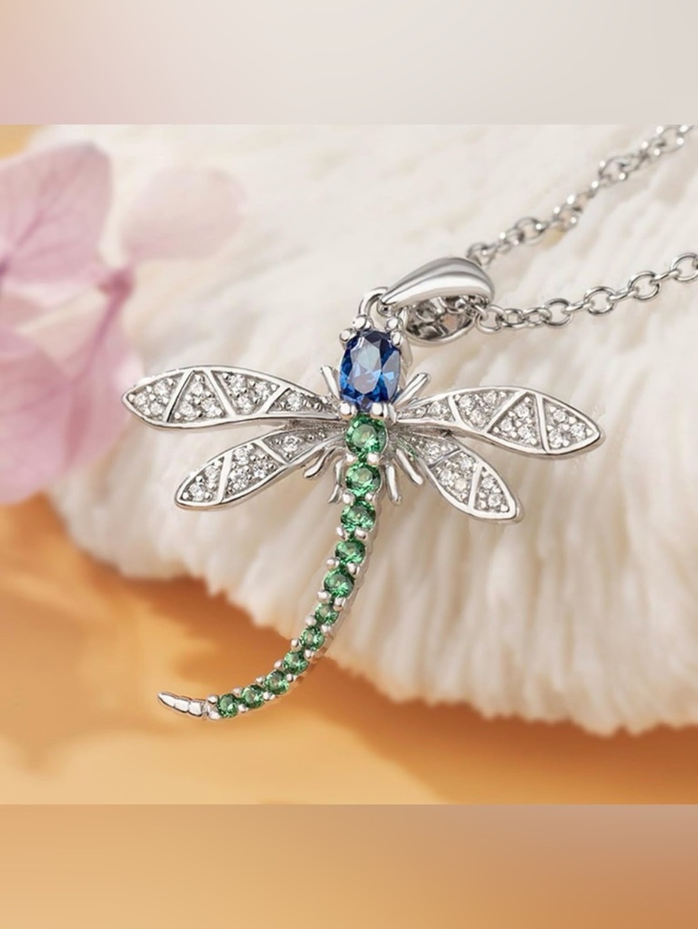 Blue & Green Crystal Dragonfly Necklace - NIB